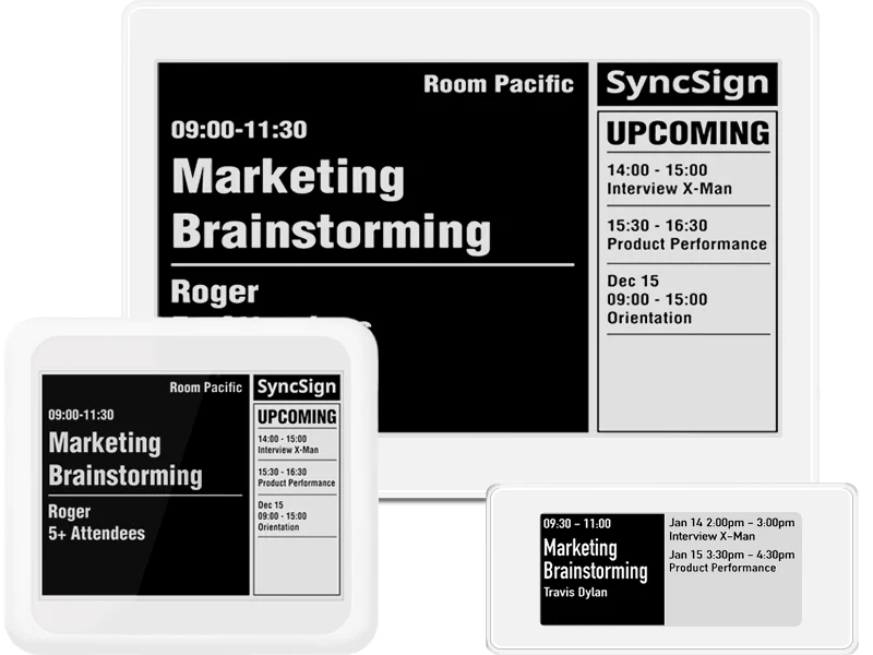 Ci sono tre display e-ink in fila. Il primo a sinistra mostra lo stato "libero" in verde. Quello al centro indica lo stato "occupato" in rosso e il terzo a destra mostra un calendario dettagliato degli appuntamenti.