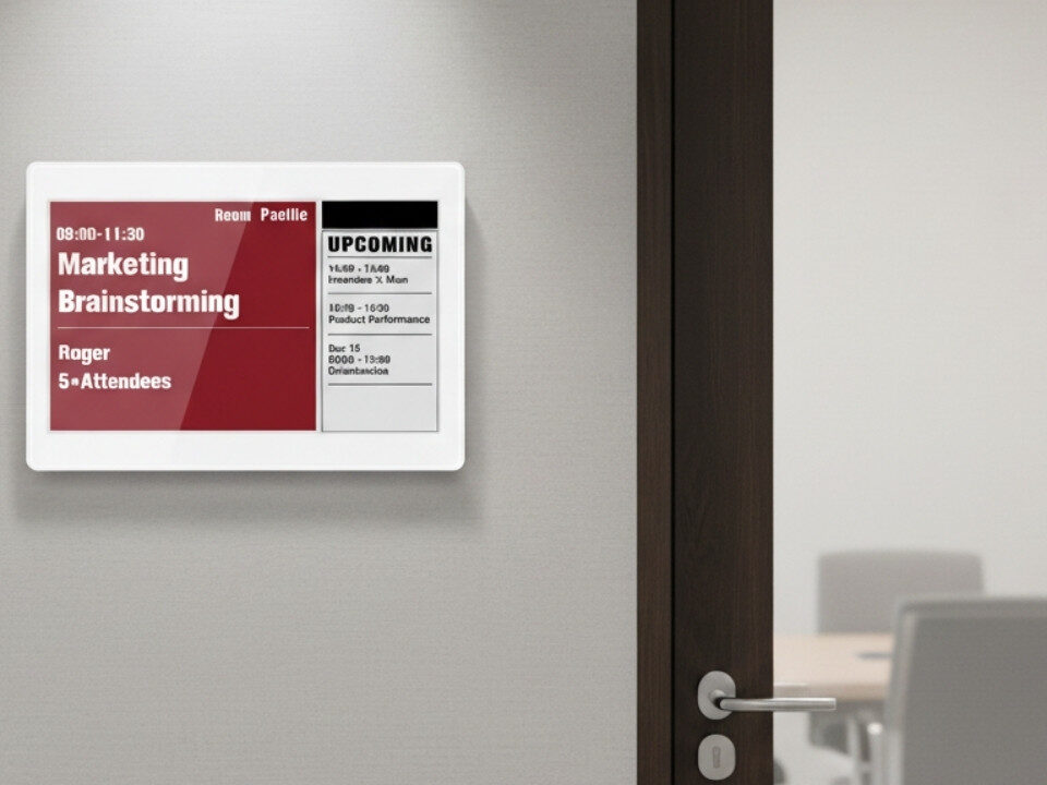 un pannello e-paper Sync-Sign montato sulla parete, accanto alla porta di una sala riunioni moderna. Lo schermo mostra in verde che la sala è disponibile.