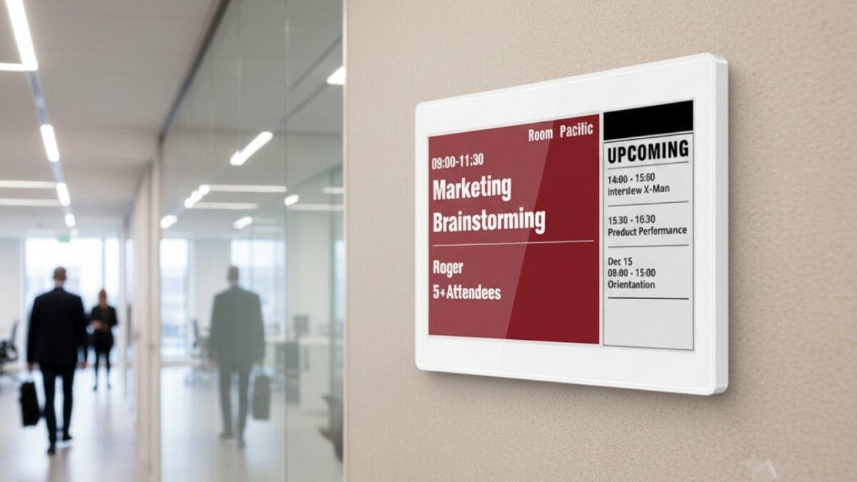 Un moderno eink display montato come targa porta ufficio, che mostra un nome o un orario, con uno sfondo sfocato di un corridoio d'ufficio.
