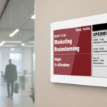 Un moderno eink display montato come targa porta ufficio, che mostra un nome o un orario, con uno sfondo sfocato di un corridoio d'ufficio.