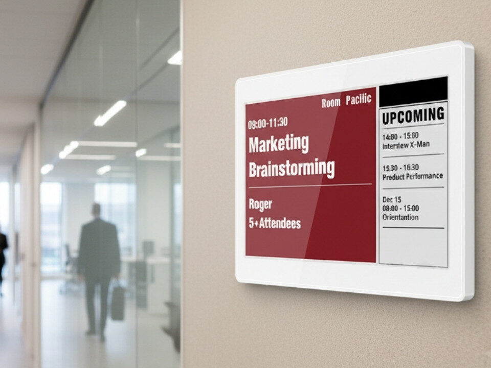Un moderno eink display montato come targa porta ufficio, che mostra un nome o un orario, con uno sfondo sfocato di un corridoio d'ufficio.
