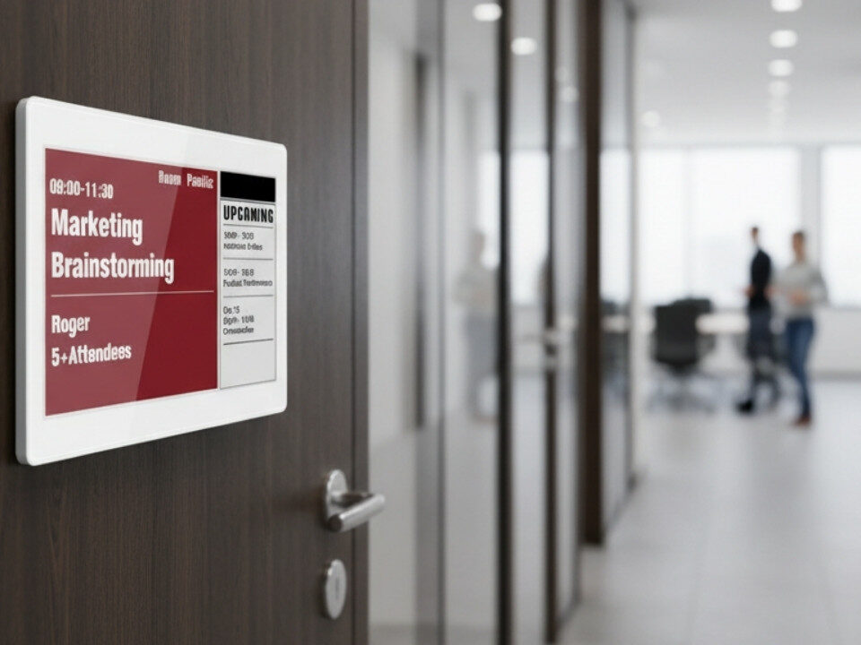 Una moderna targa porta ufficio digitale montata su una porta di legno scuro, con un corridoio d'ufficio sfocato sullo sfondo e persone che camminano.
